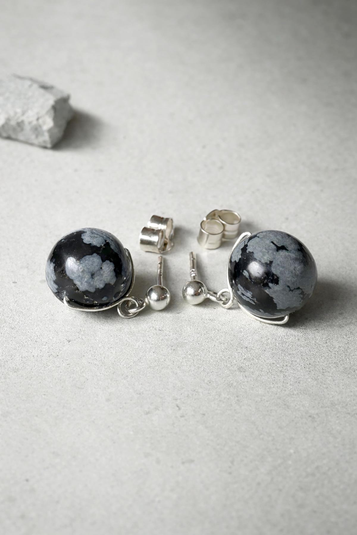 Handmade snowflake obsidian stud earrings by Twigs & Stones