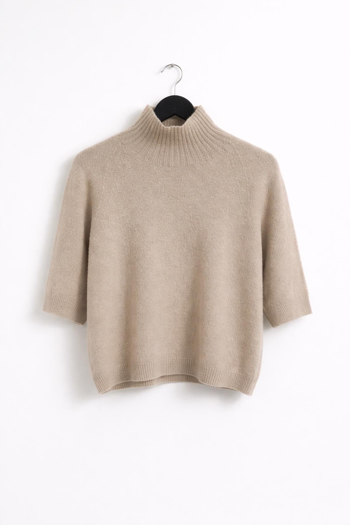 Sand seamless turtleneck knit top with cropped silhouette made in Italy