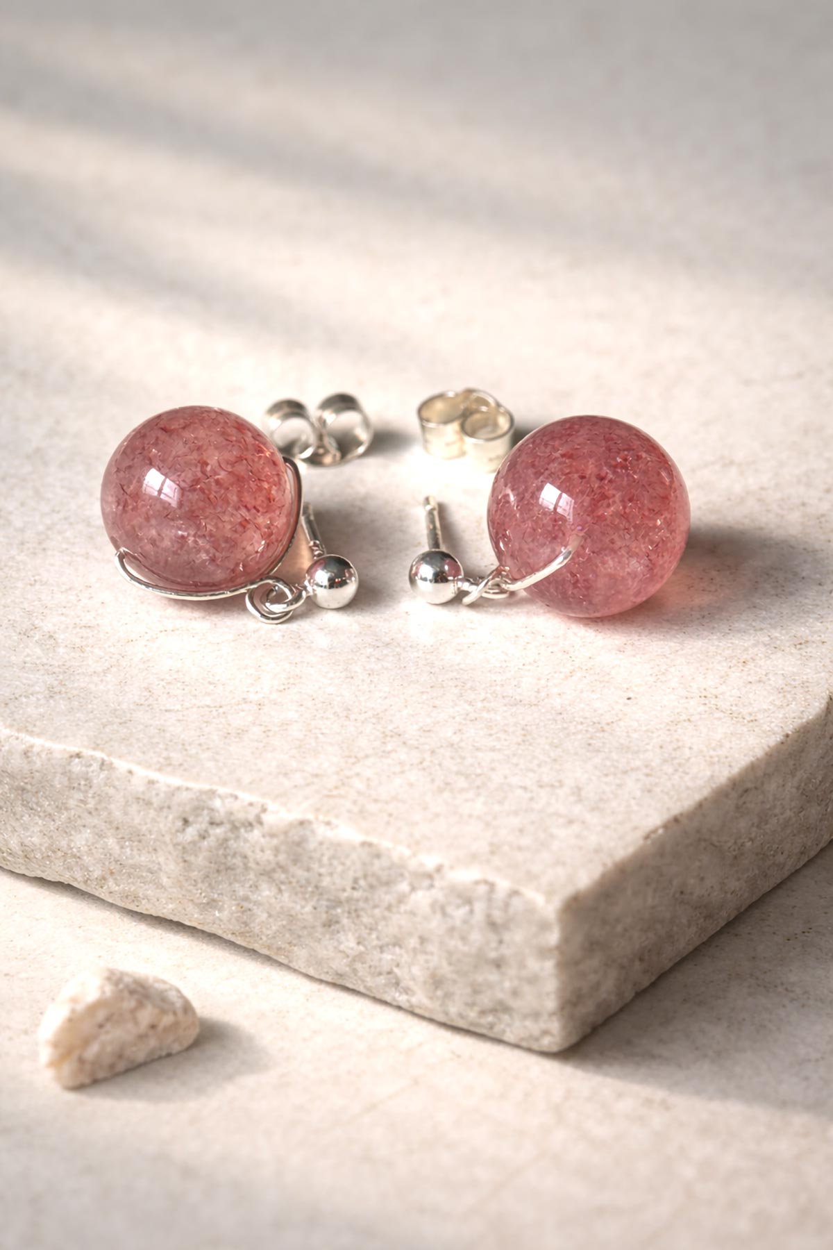 Handmade strawberry quartz stud earrings by Twigs & Stones