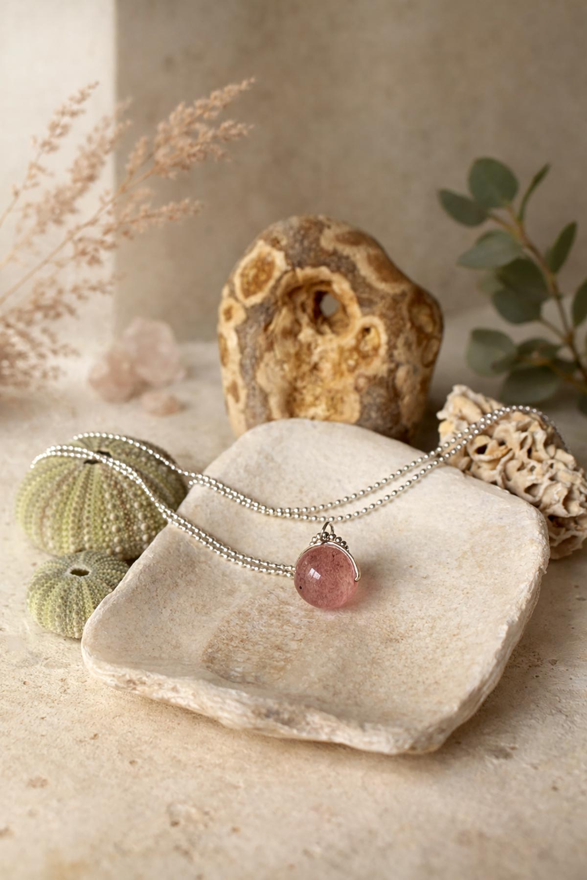 Handmade strawberry quartz gemstone necklace by Twigs & Stones