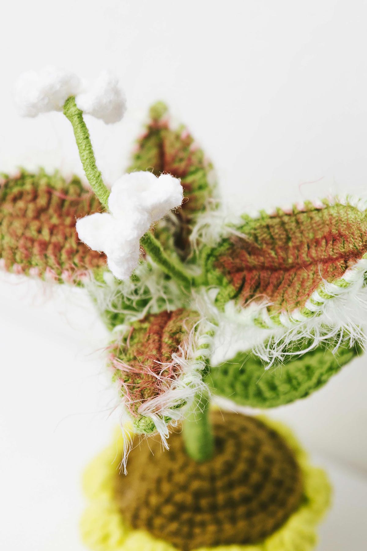 Crochet Venus Flytrap detail with fuzzy texture and white flowers