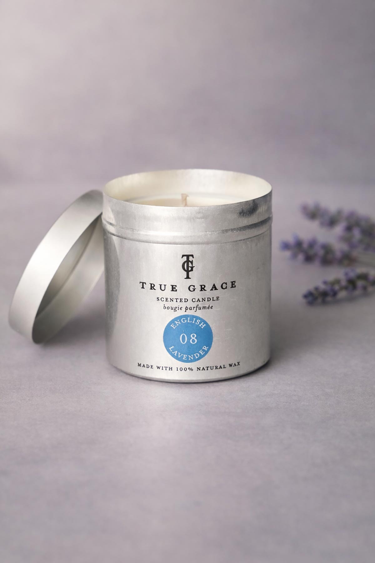 True Grace English Lavender Tin Candle calming natural travel candle