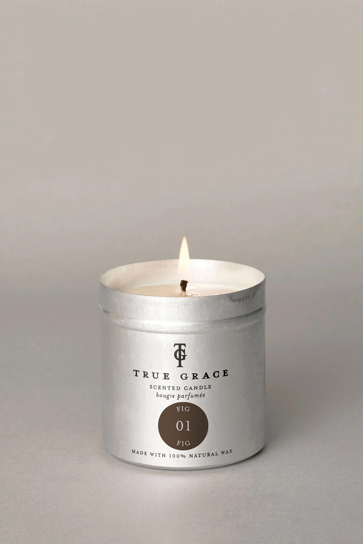 Detail of True Grace Fig Tin Candle showing natural wax