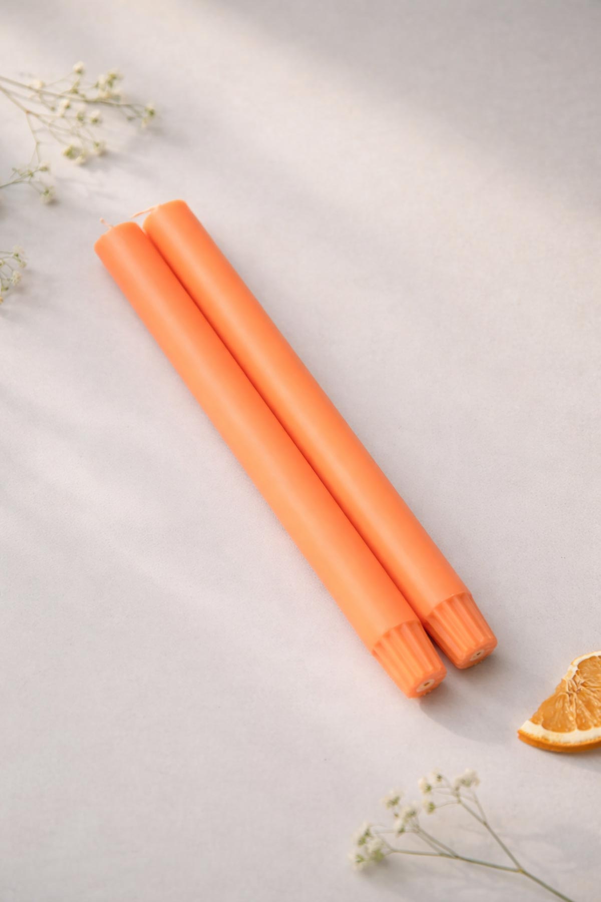 True Grace Fluoro Orange Pair Of Dining Candles styled table setting at Urban Wild
