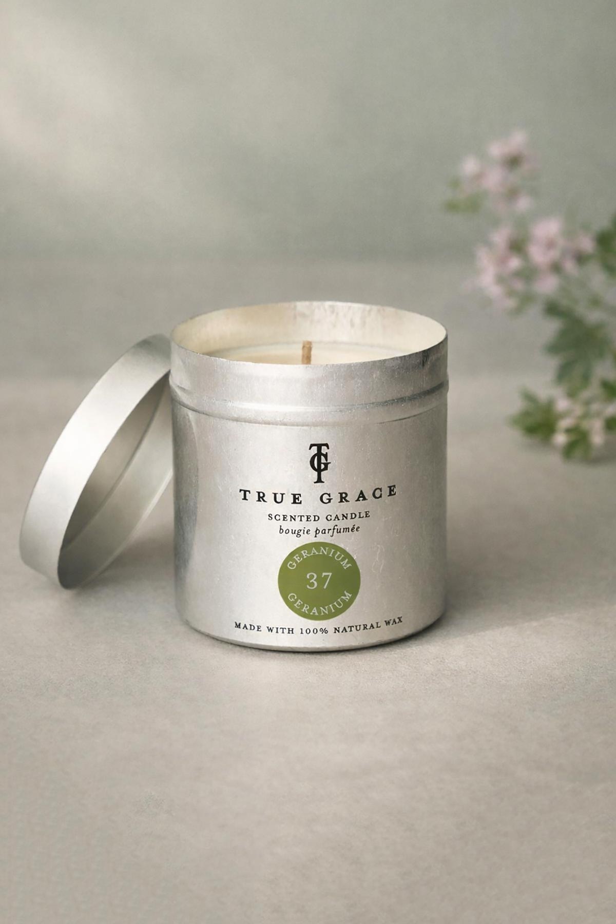 True Grace Geranium Tin Candle natural floral travel candle