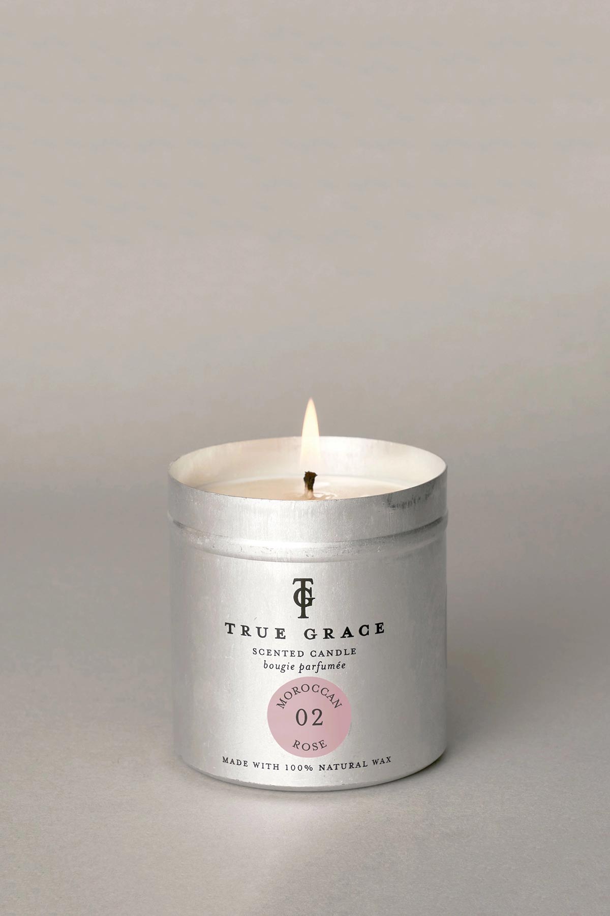 Detail of True Grace Moroccan Rose Tin Candle showing wax texture