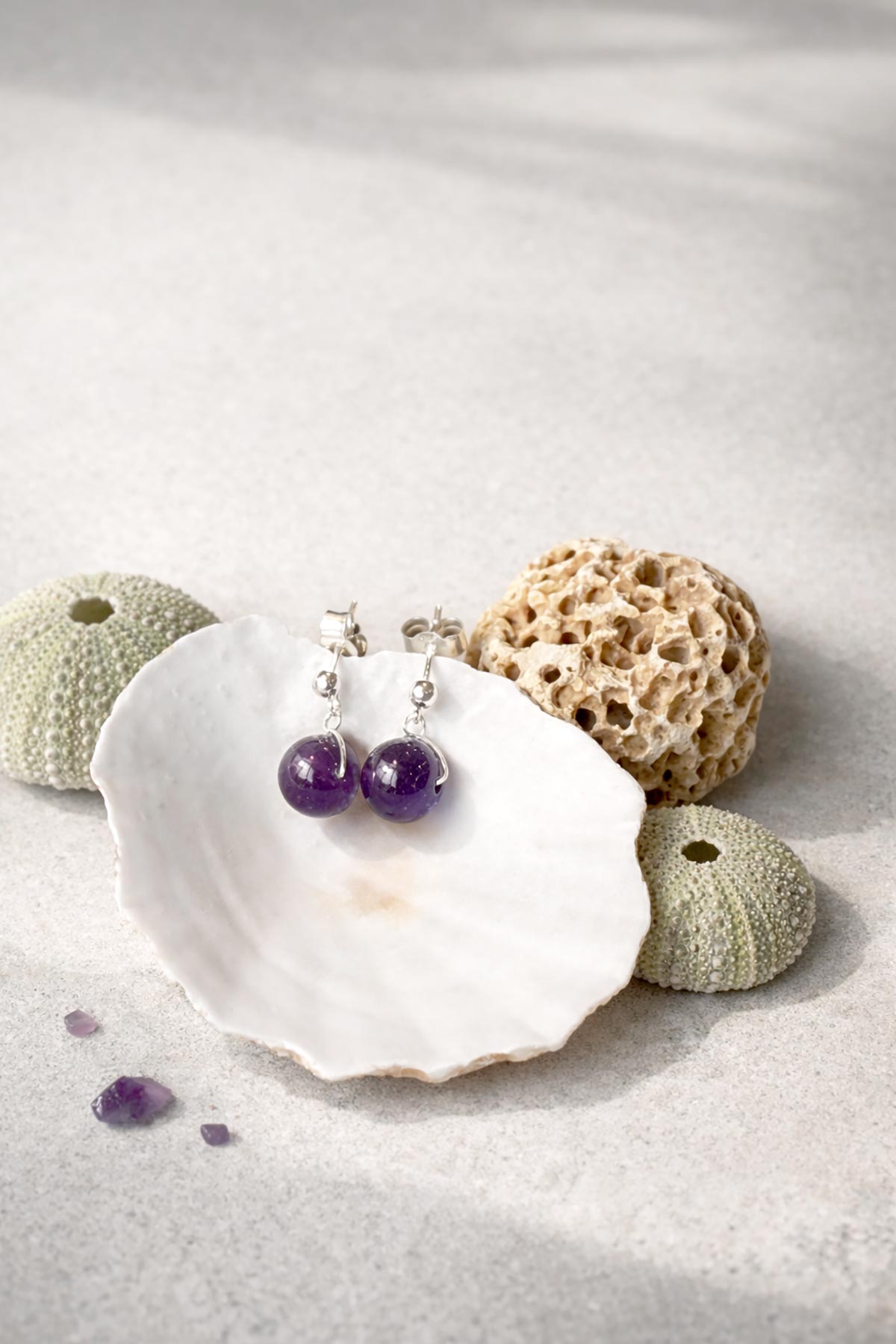 Amethyst drop stud earrings by Twigs & Stones at Urban Wild