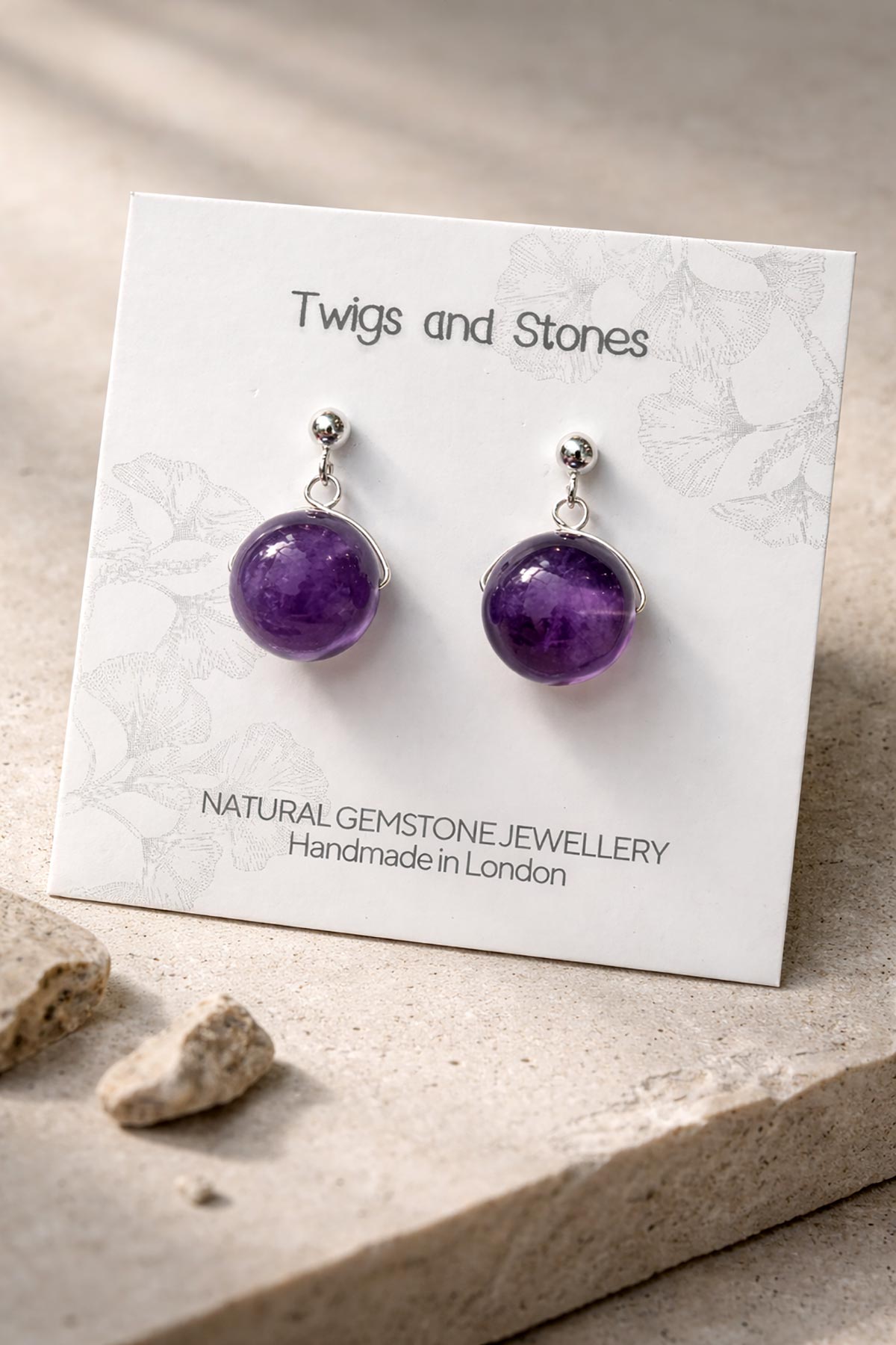 Twigs & Stones amethyst earrings in packaging