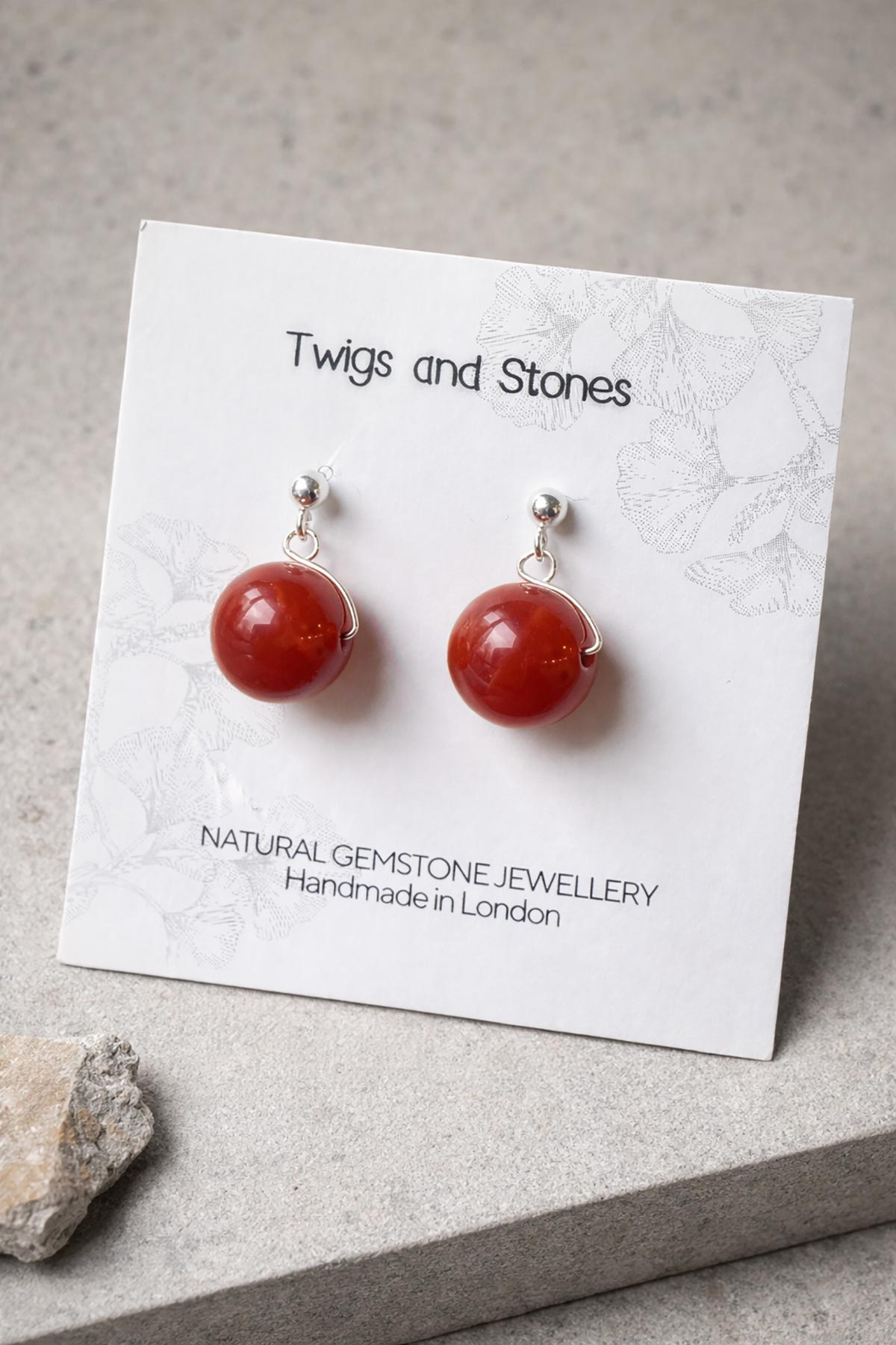 Twigs & Stones carnelian earrings in packaging