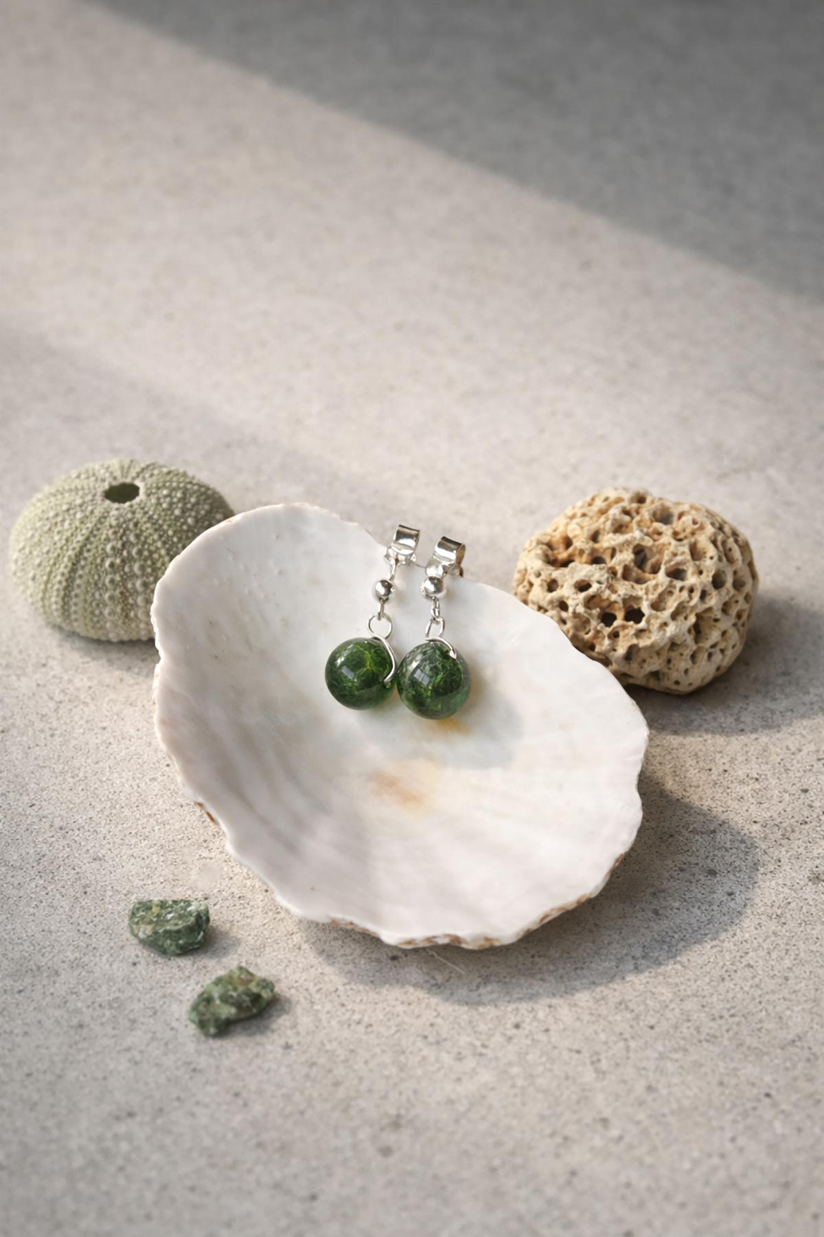 Green diopside drop stud earrings by Twigs & Stones at Urban Wild