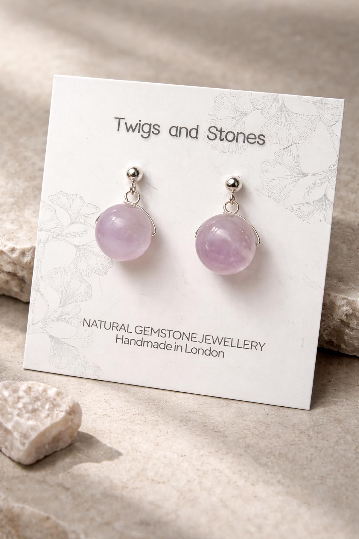 Twigs & Stones lavender amethyst earrings in packaging
