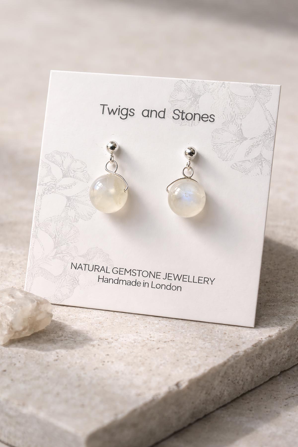 Close-up of moonstone gemstone stud earrings
