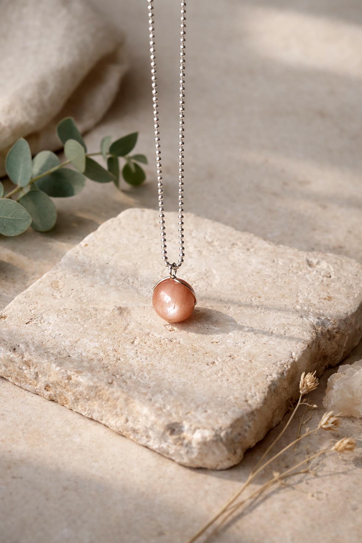 Peach moonstone pendant necklace by Twigs & Stones at Urban Wild
