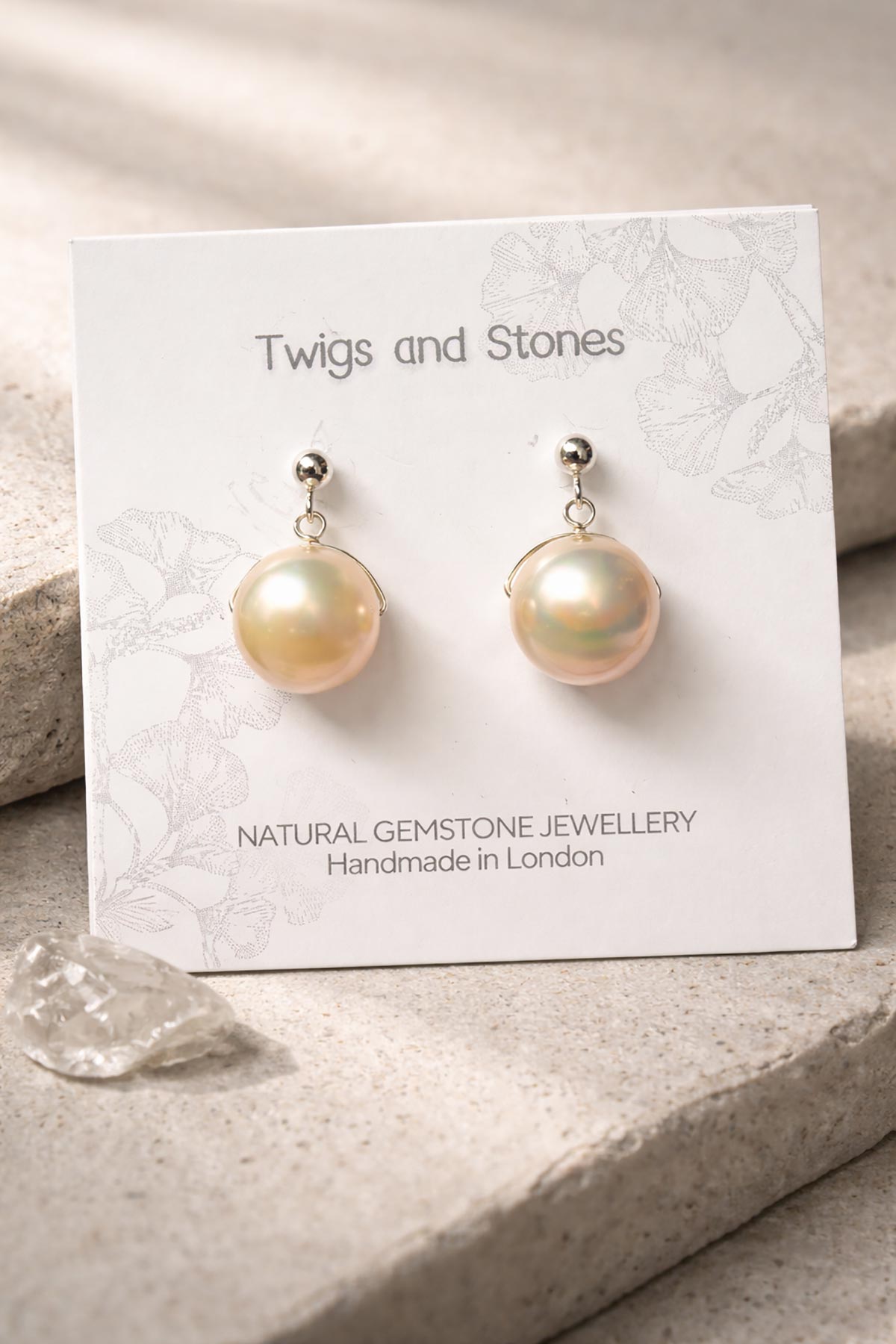 Twigs & Stones pearl earrings in packaging