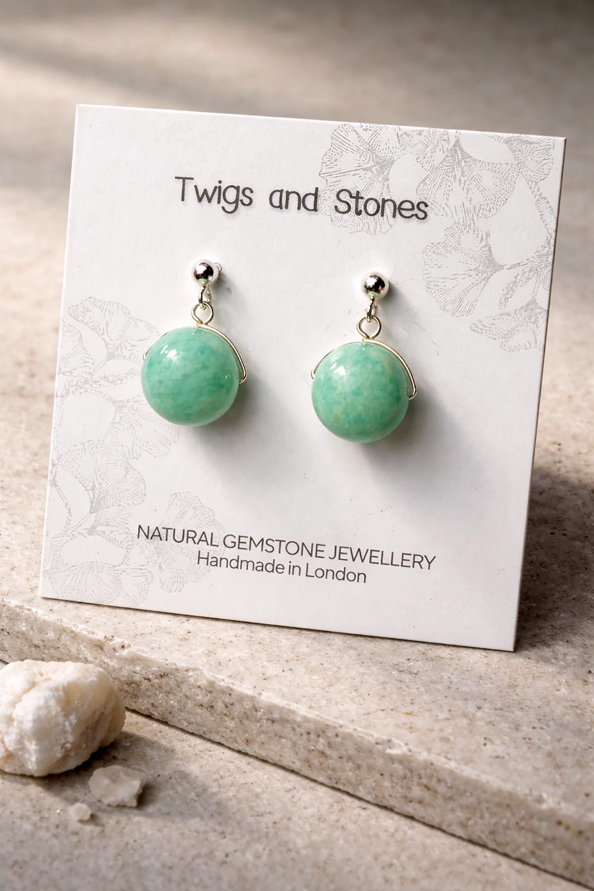 Twigs & Stones Peruvian amazonite earrings in packaging