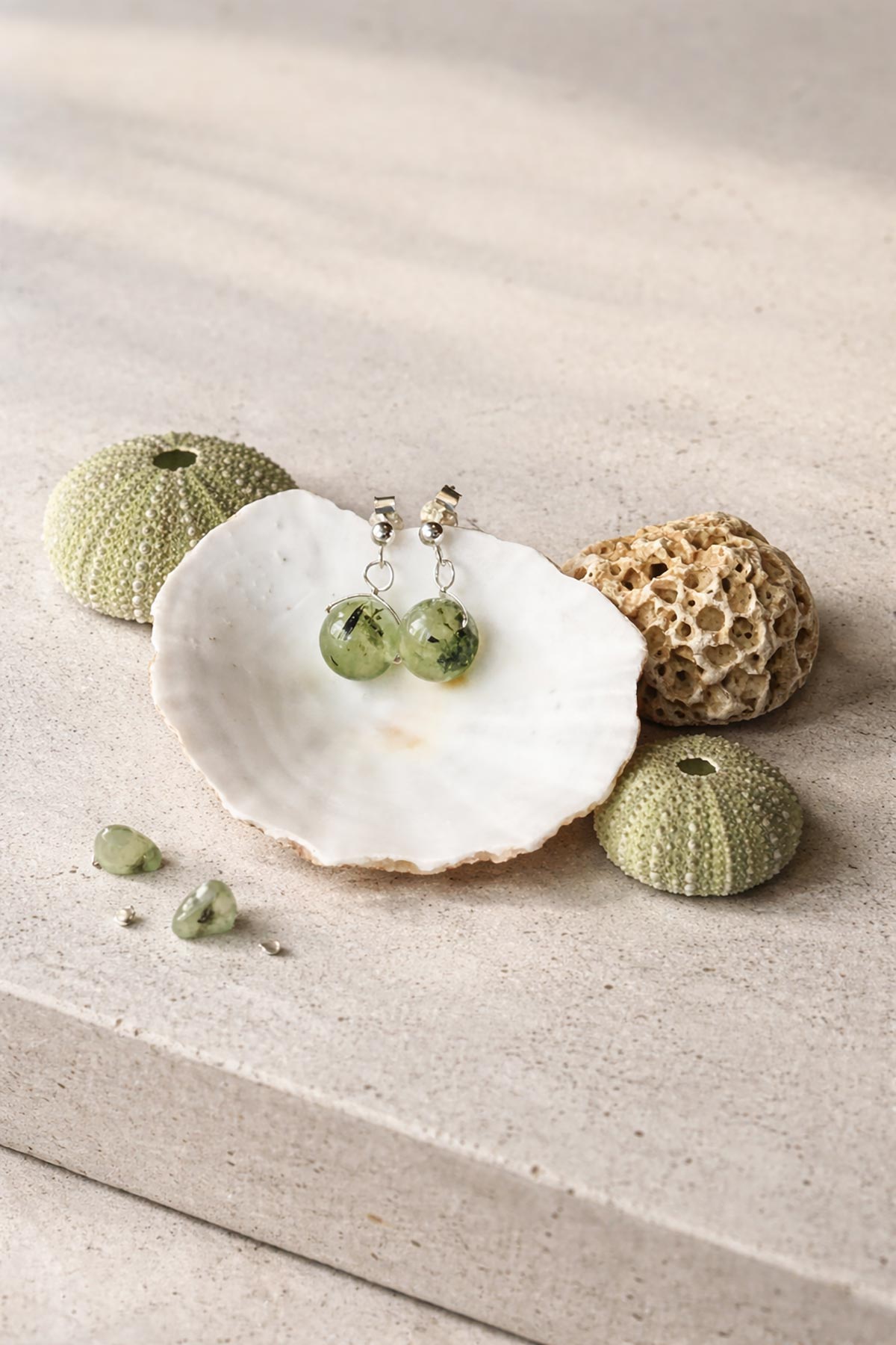 Prehnite drop stud earrings by Twigs & Stones at Urban Wild