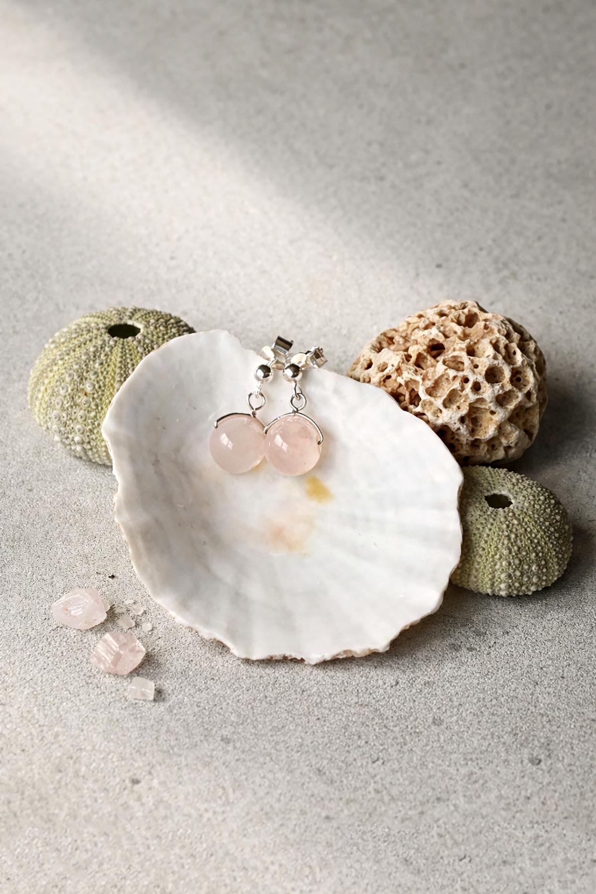 Rose quartz drop stud earrings by Twigs & Stones at Urban Wild