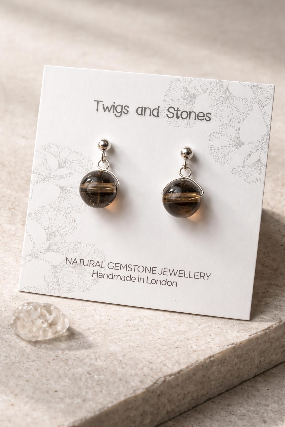 Smokey quartz stud earrings detail view
