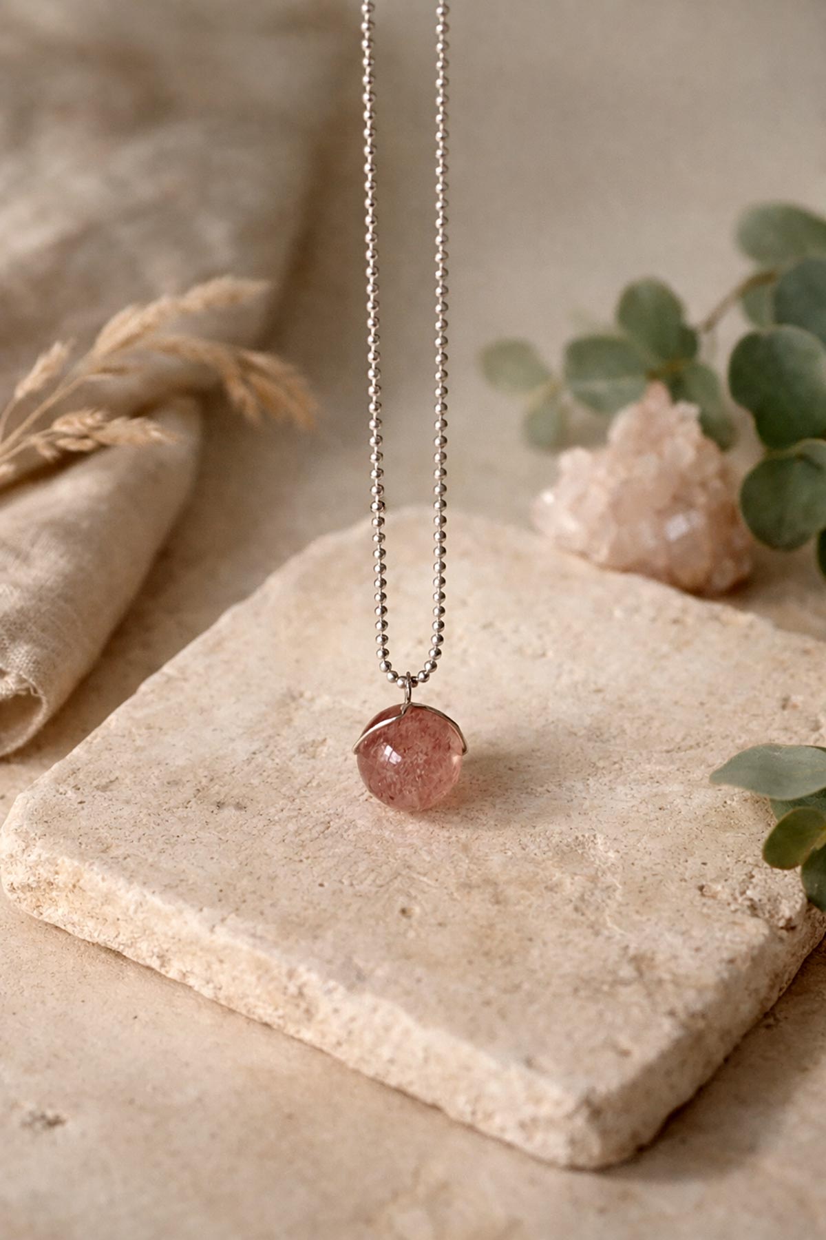 Strawberry quartz pendant necklace by Twigs & Stones at Urban Wild