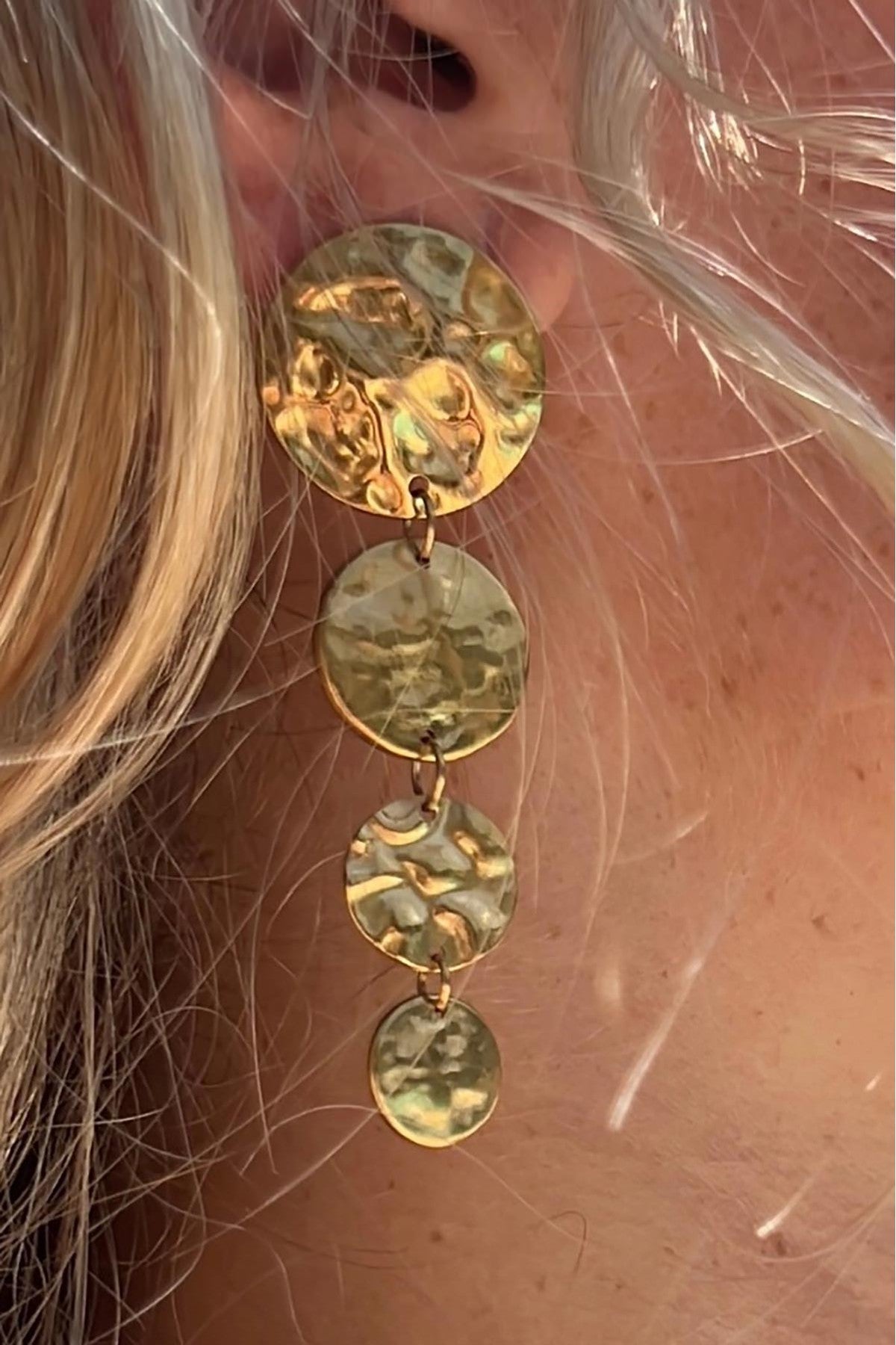 Amaya gold statement drop earrings with four hammered cascading discs — Urban Wild