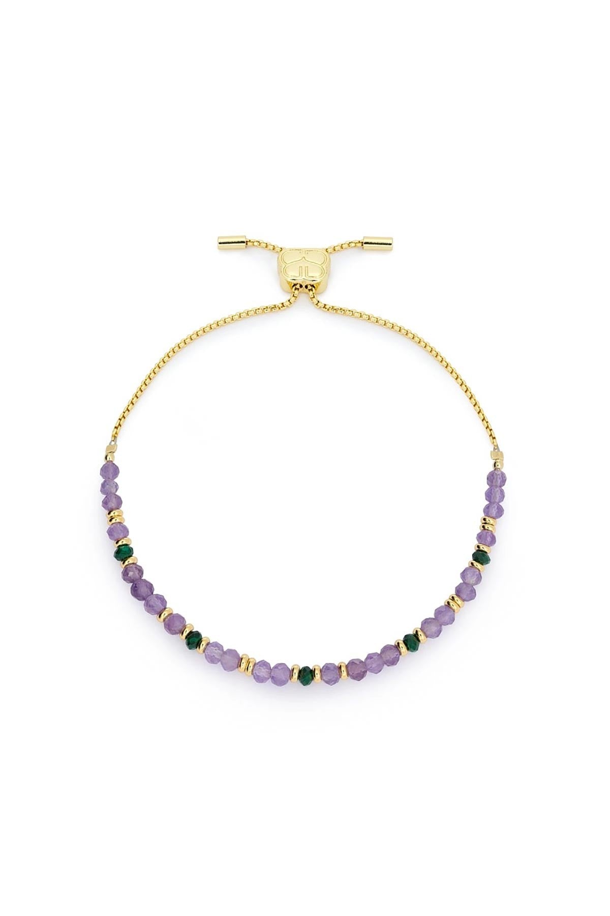 Amina gold chain bracelet with amethyst and malachite gemstones on adjustable slider — Urban Wild