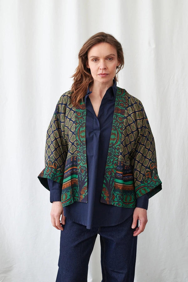 Amulet Emerald Kimono with Moorish-inspired geometric print in emerald, navy and amber tones — Urban Wild