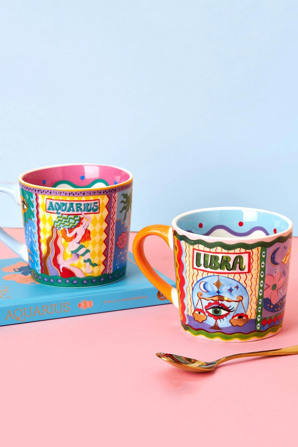 Aquarius zodiac hand painted bone china mug with pale blue handle and gold foil detail — Urban Wild