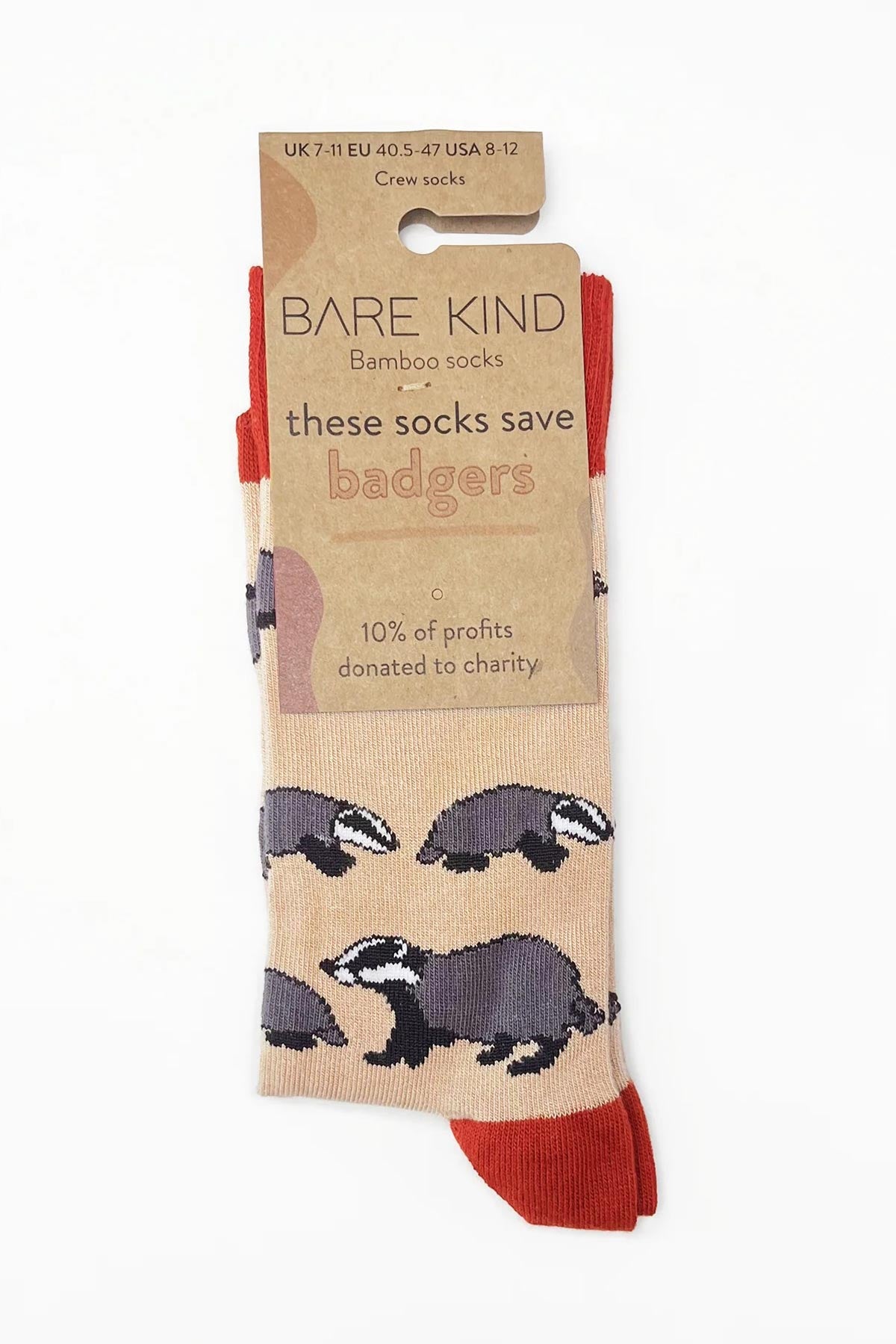 Beige bamboo crew socks with grey badger print and rust cuffs in Bare Kind packaging — Urban Wild