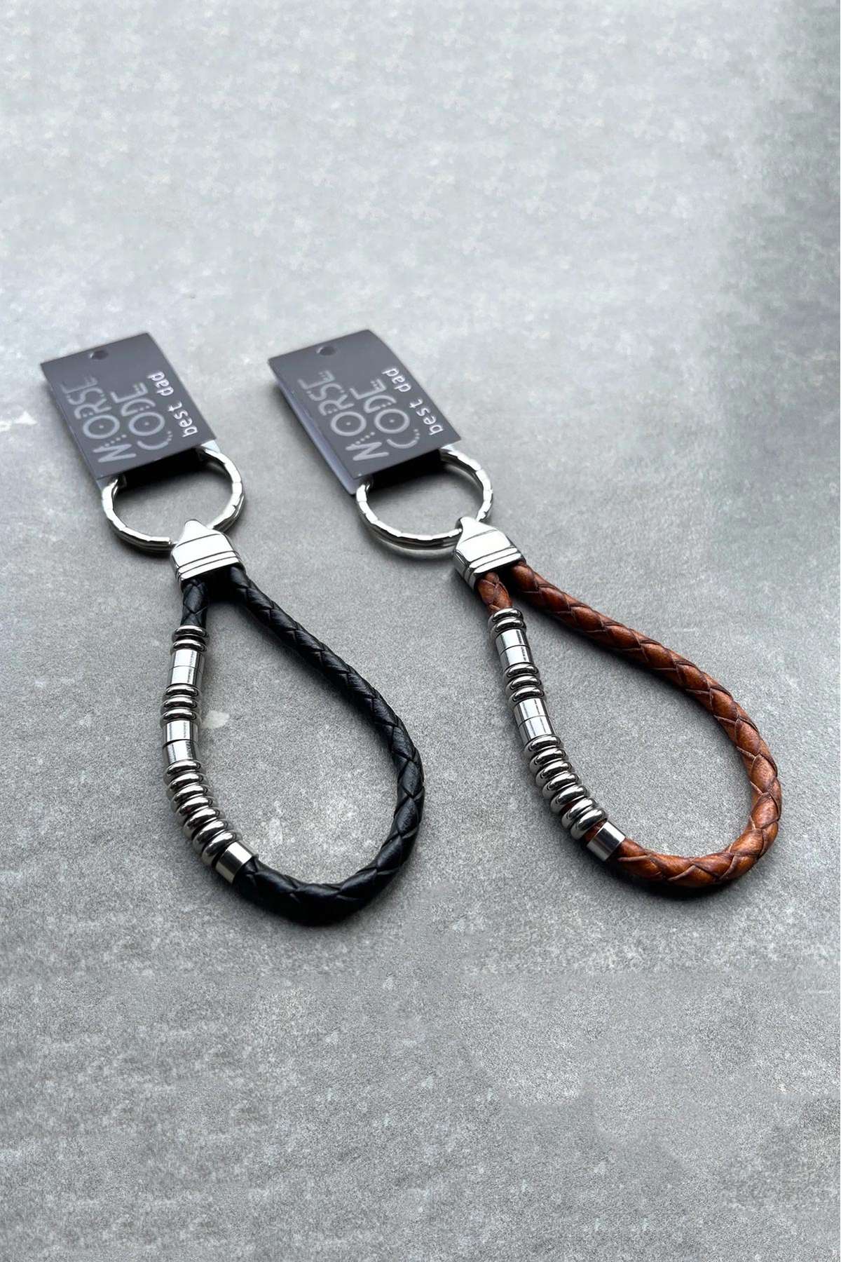 Best Dad morse code leather keyring with stainless steel beads in tan — Urban Wild