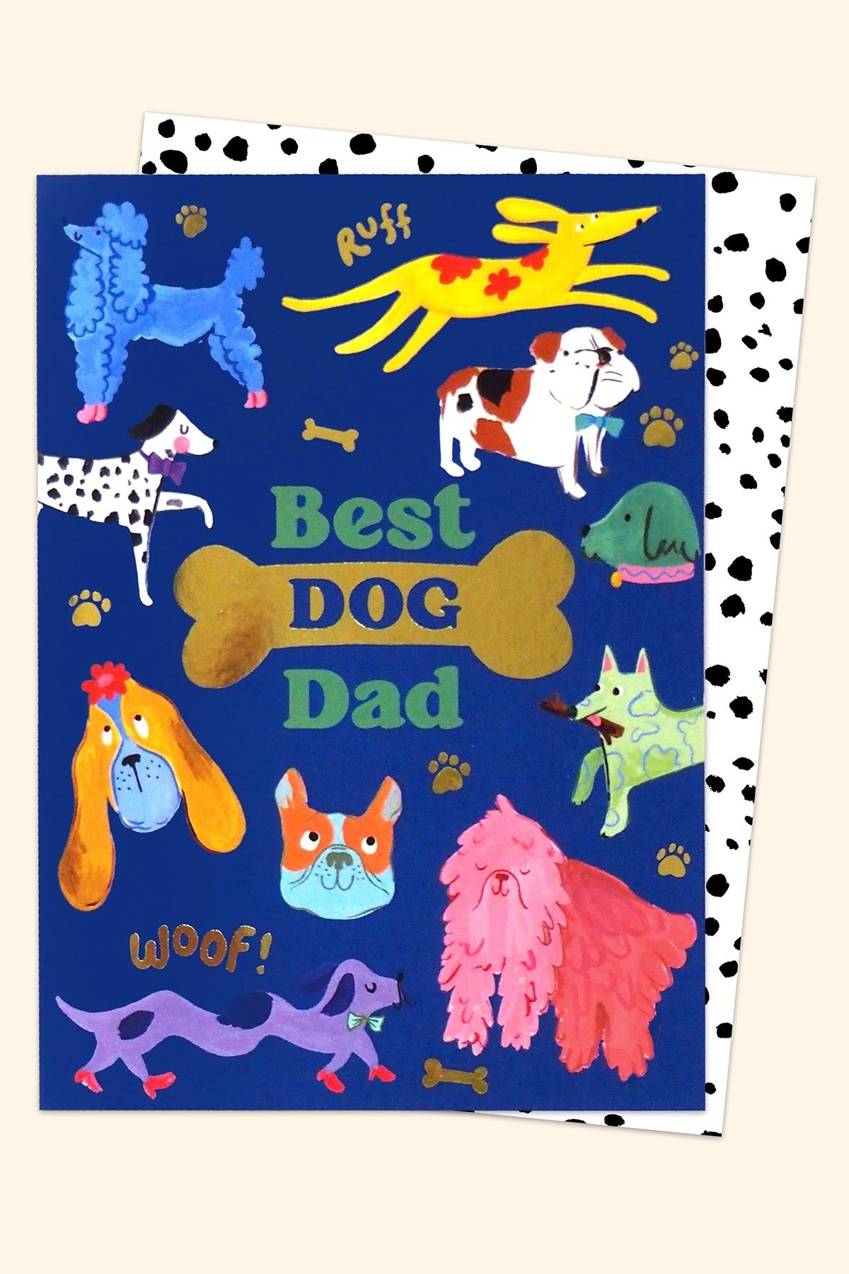 Best Dog Dad illustrated greeting card with gold foil bone on navy background — Urban Wild