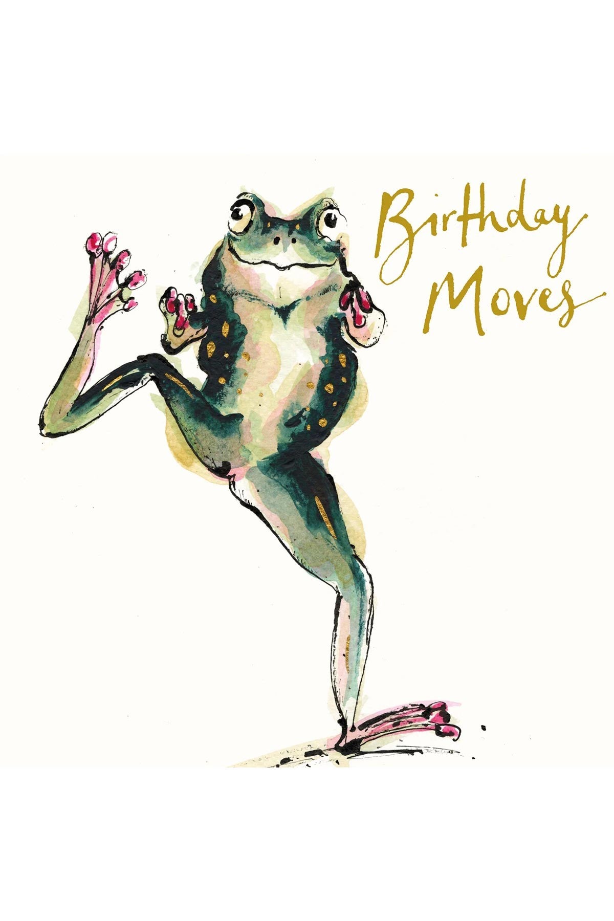 Birthday Moves gold foil card with dancing frog illustration by Anna Wright — Urban Wild