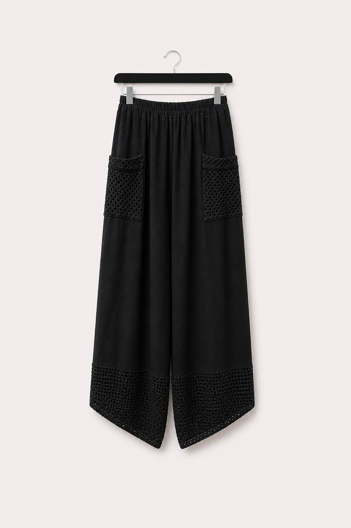 Black Washed Linen Mesh Pocket Wide-Leg Trousers