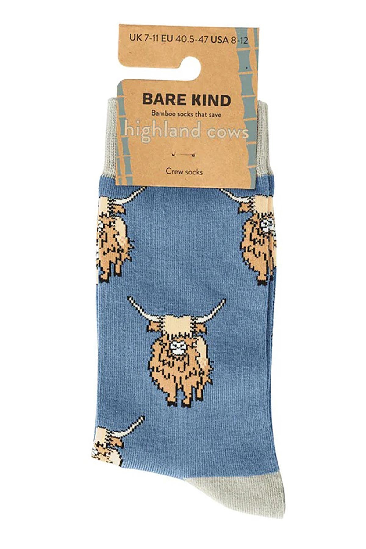 Blue highland cow bamboo crew socks by Bare Kind in eco-friendly card packaging — Urban Wild