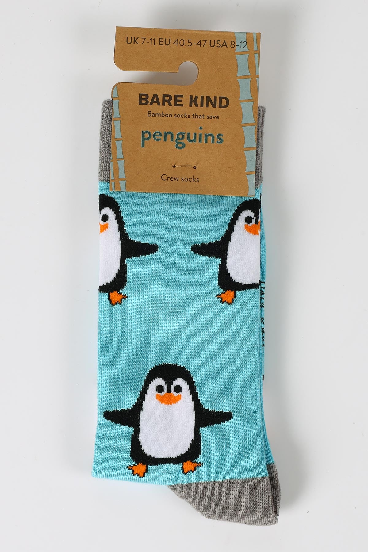 Bare Kind Save the Penguins blue bamboo crew socks in recyclable packaging Urban Wild