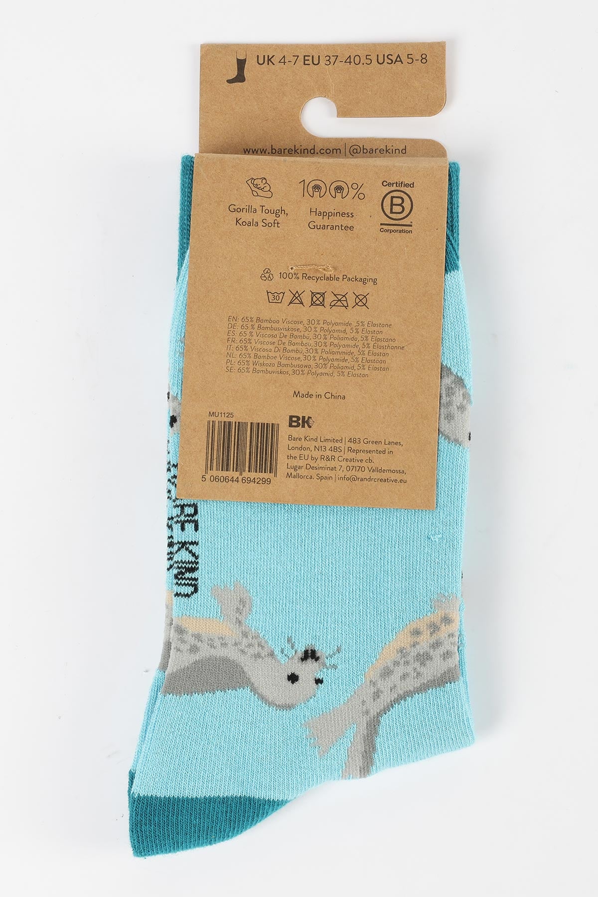Back of Bare Kind seal bamboo socks packaging showing fibre composition and B Corp mark — Urban Wild