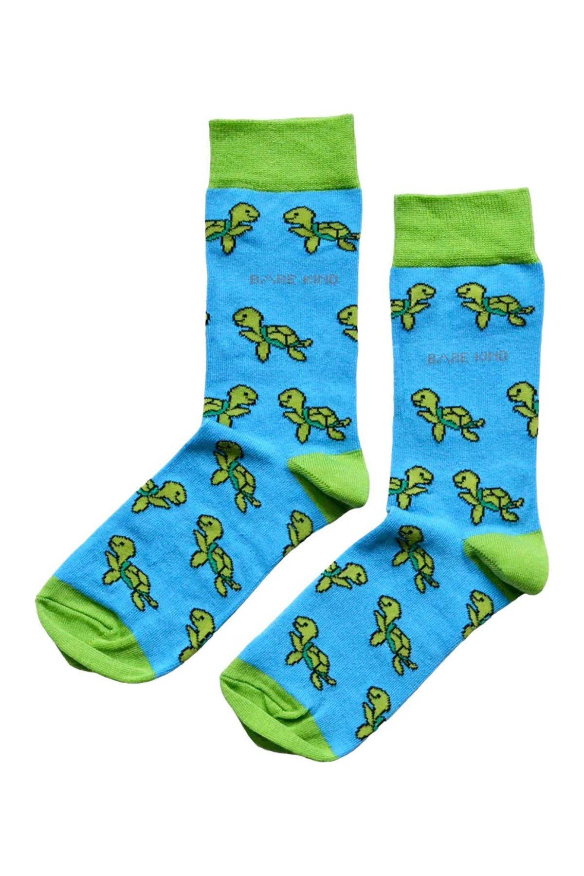 Pair of sky blue and green bamboo turtle crew socks laid flat — Urban Wild