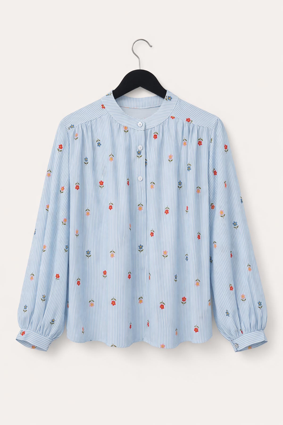 Blue stripe cotton blouse with floral detail by Urban Wild