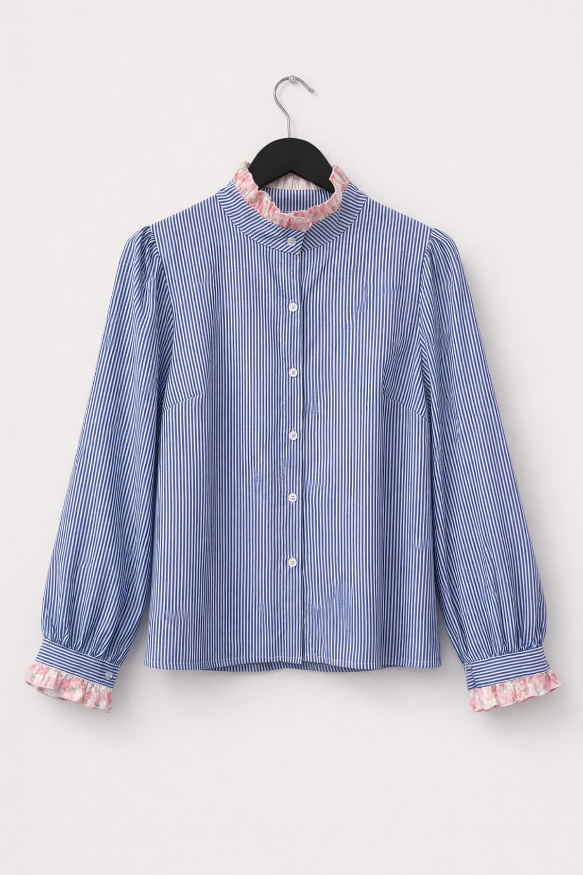 Blue stripe cotton blouse with ruffle collar by Urban Wild