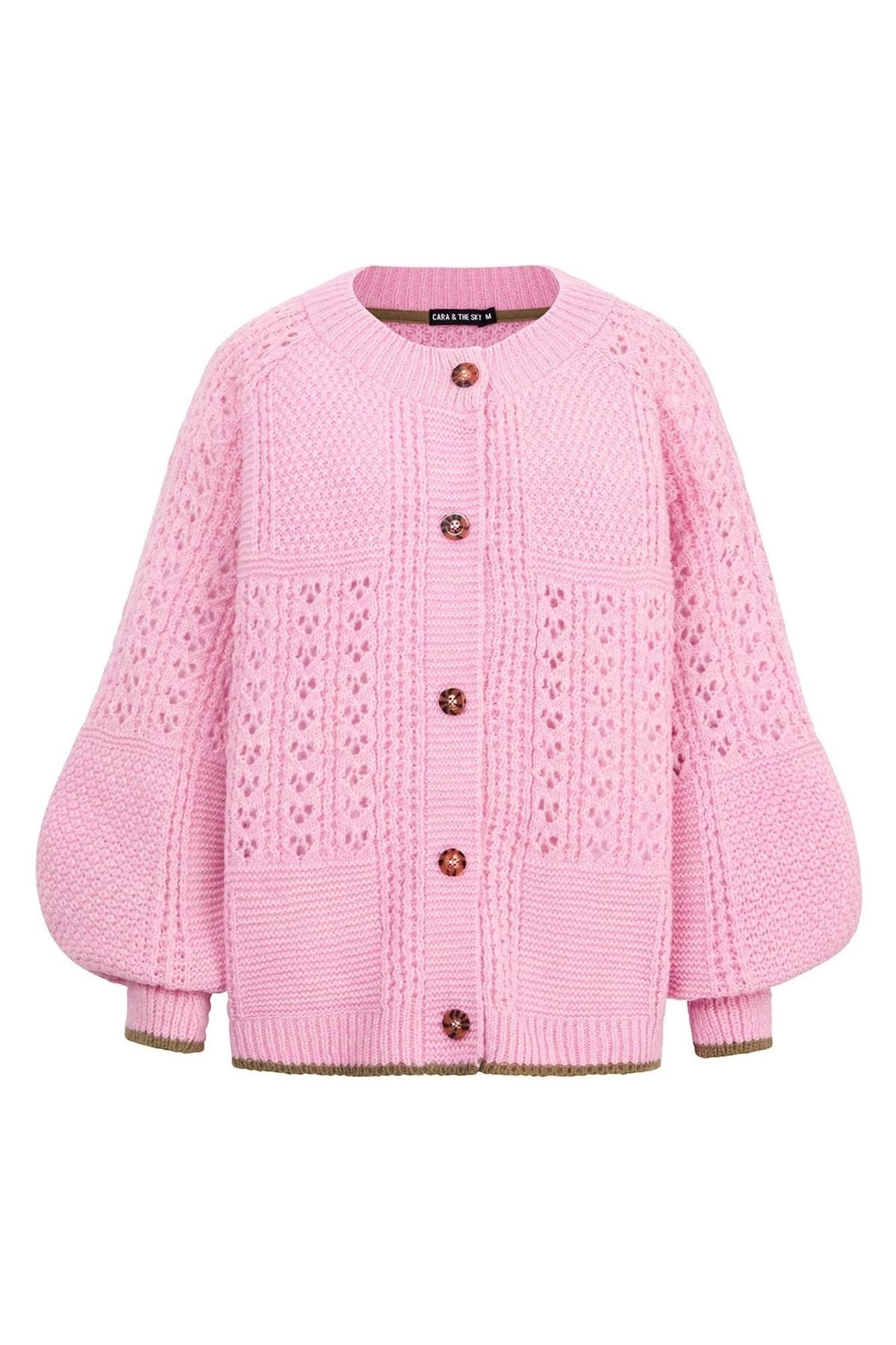 Cara & The Sky blush pointelle knit cardigan detail with contrast tipping — Urban Wild
