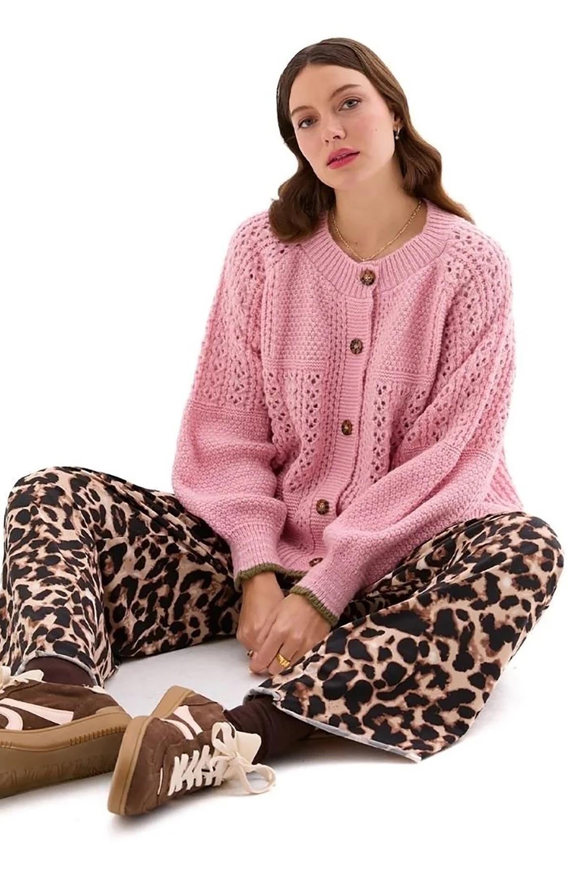 Brigit Balloon Sleeve Pointelle Stitch Cardigan in Blush — Urban Wild