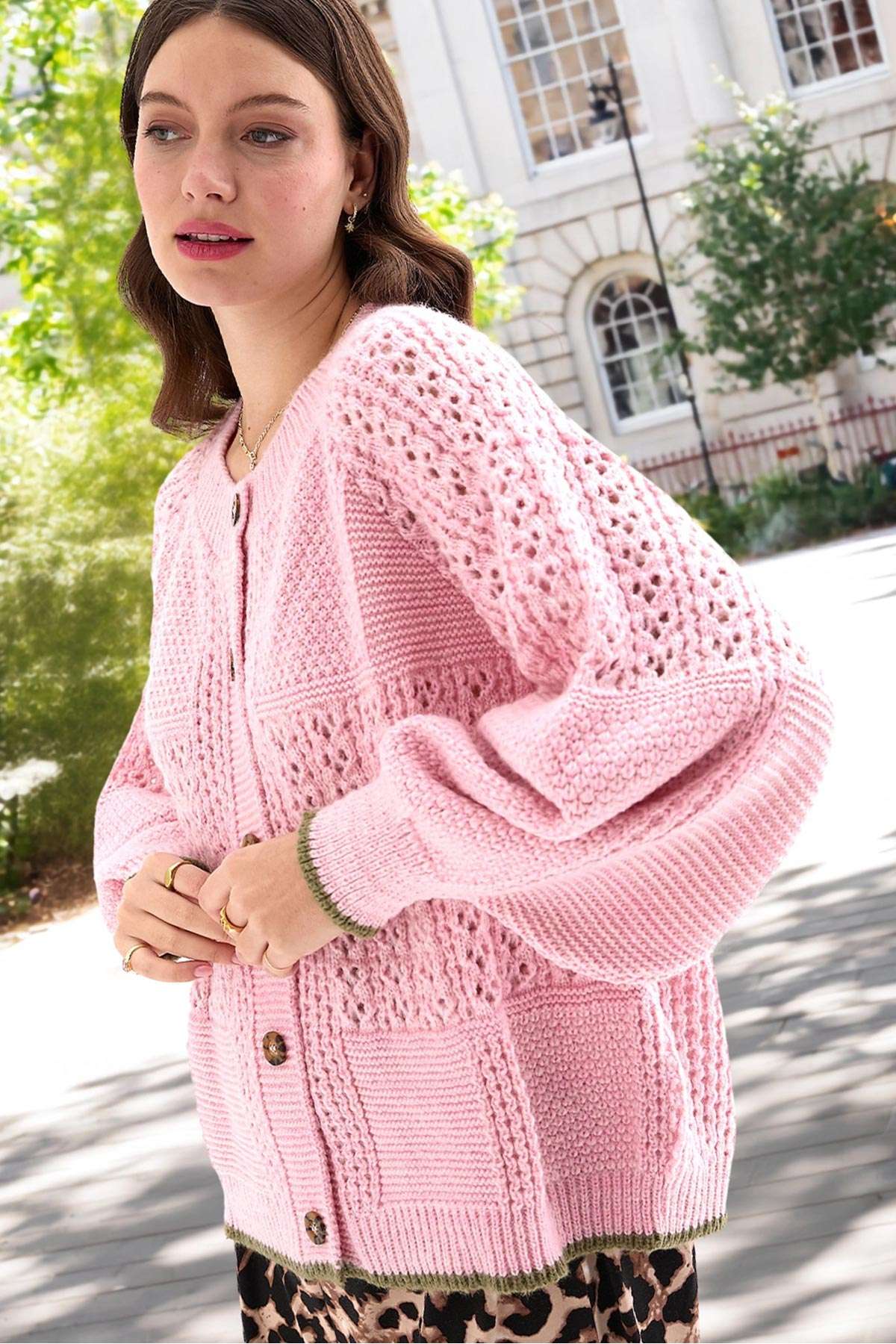 Blush balloon sleeve pointelle stitch cardigan with mock horn buttons — Urban Wild