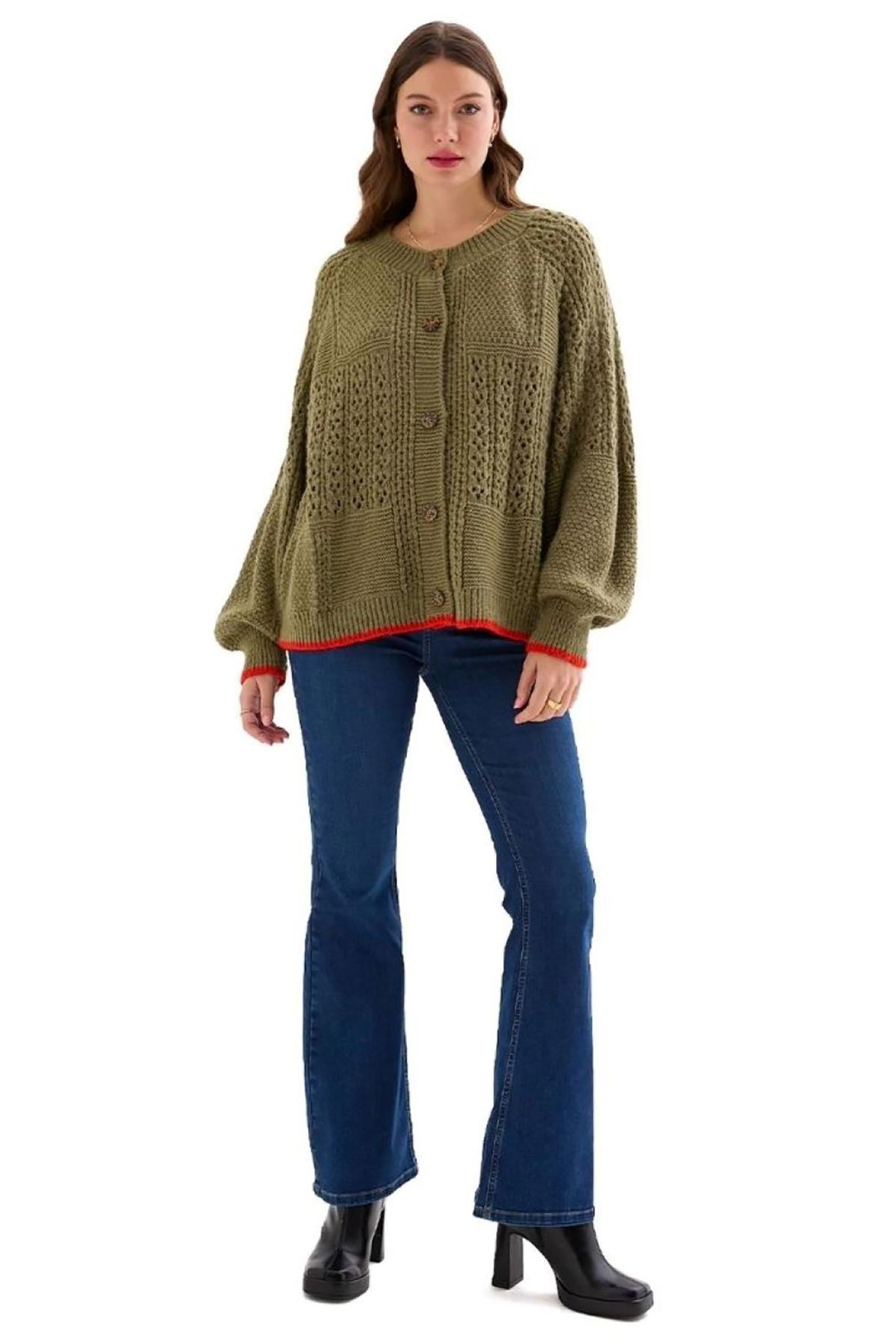 Brigit Pointelle Stitch Balloon Sleeve Cardigan in Khaki — Urban Wild