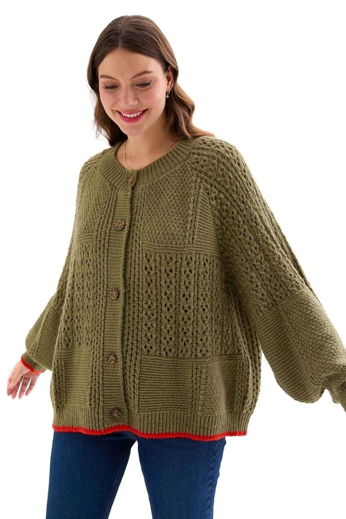 Brigit chunky knit balloon sleeve cardigan in khaki with orange tipping — Urban Wild