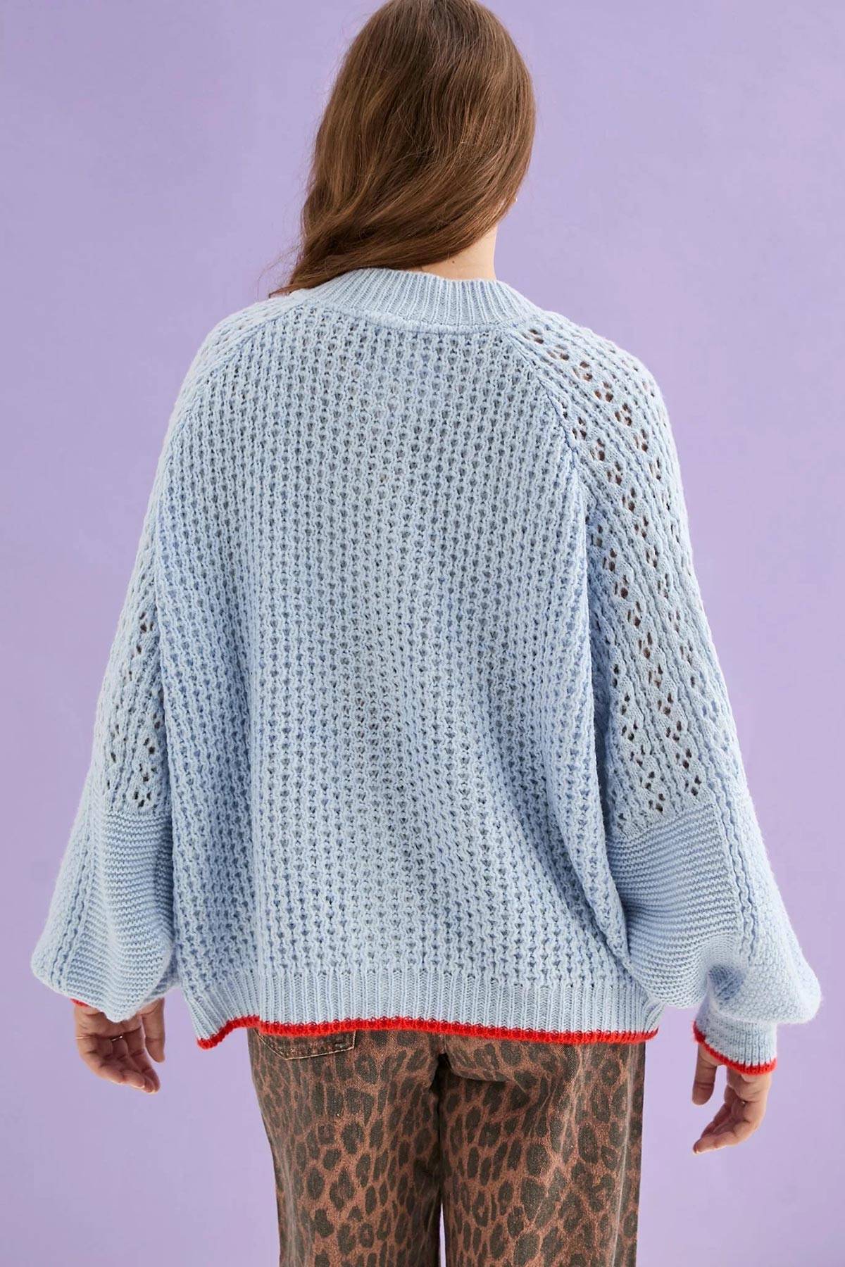Brigit Pointelle Stitch Balloon Sleeve Cardigan in Blue — Urban Wild