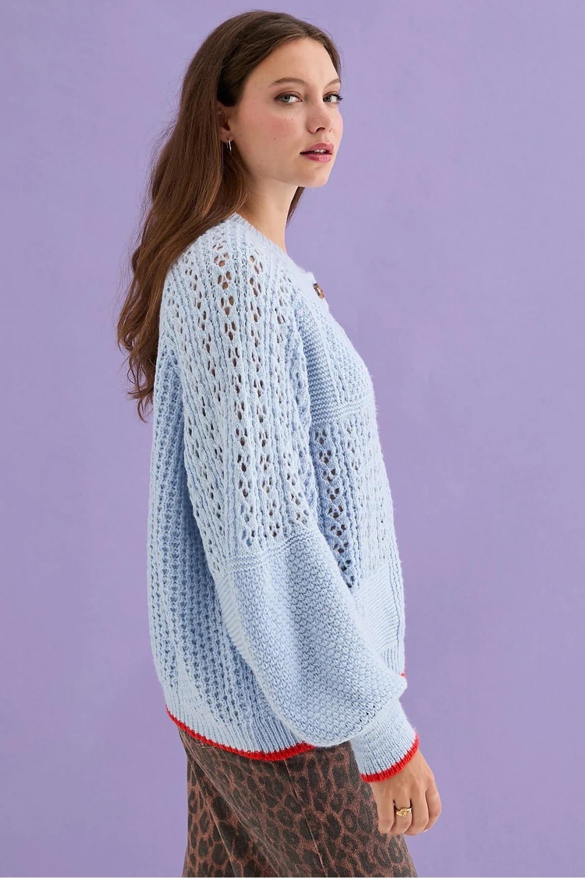 Brigit Pointelle Stitch Balloon Sleeve Cardigan in Blue — Urban Wild