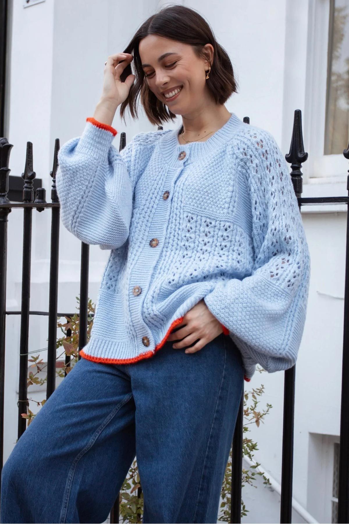 Blue pointelle stitch balloon sleeve cardigan with orange tipping and button front — Urban Wild