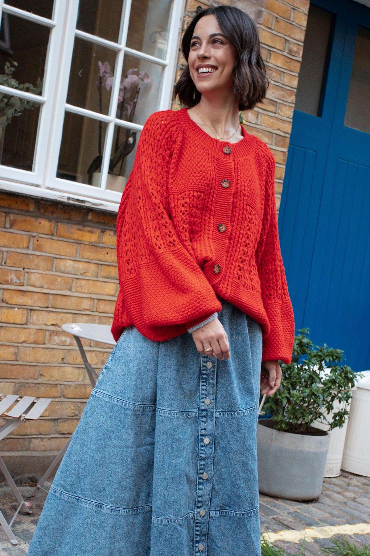Brigit Pointelle Stitch Balloon Sleeve Cardigan in Orange — Urban Wild