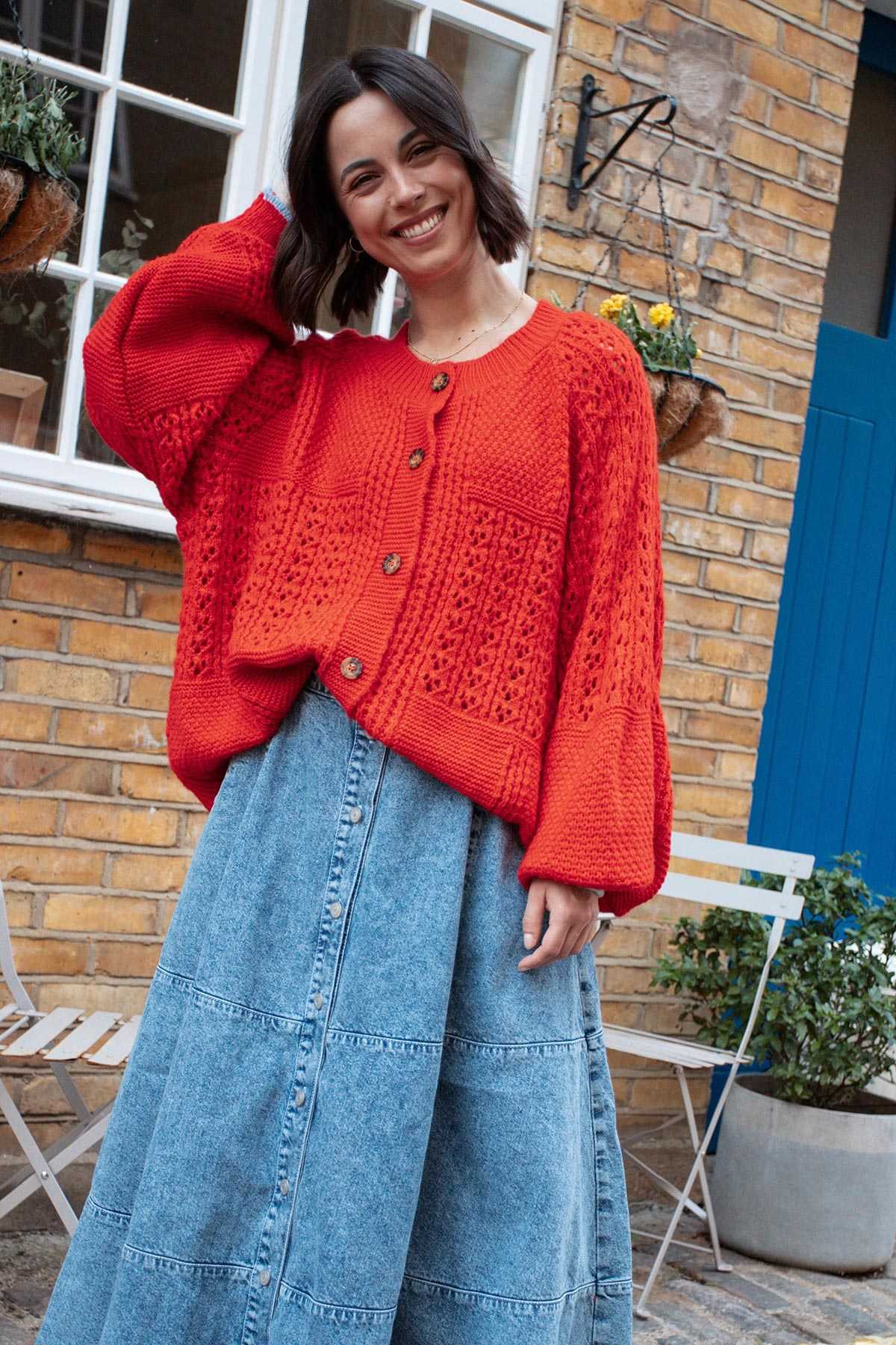 Brigit orange pointelle stitch balloon sleeve cardigan with blue contrast tipping — Urban Wild