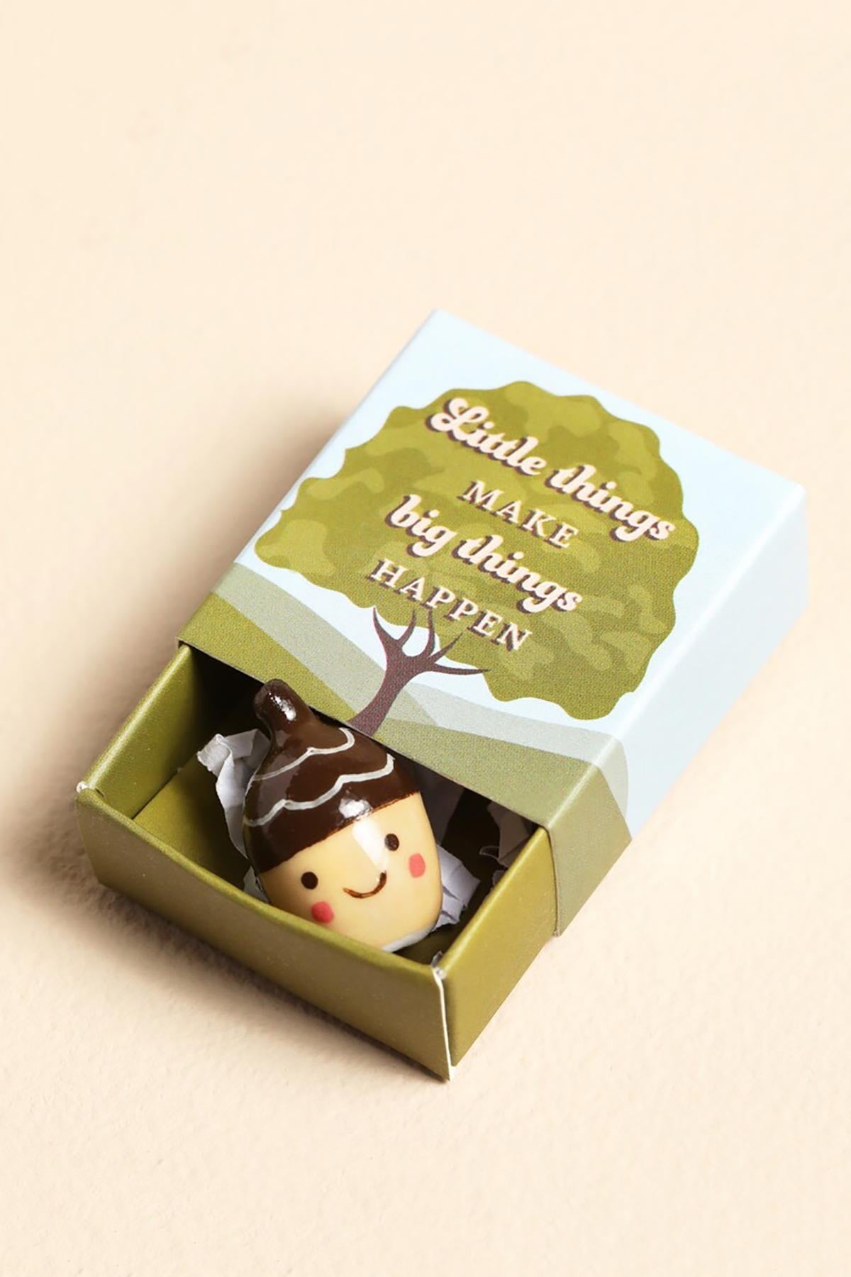 Tiny smiling ceramic acorn token in giftable matchbox keepsake by Lisa Angel — Urban Wild