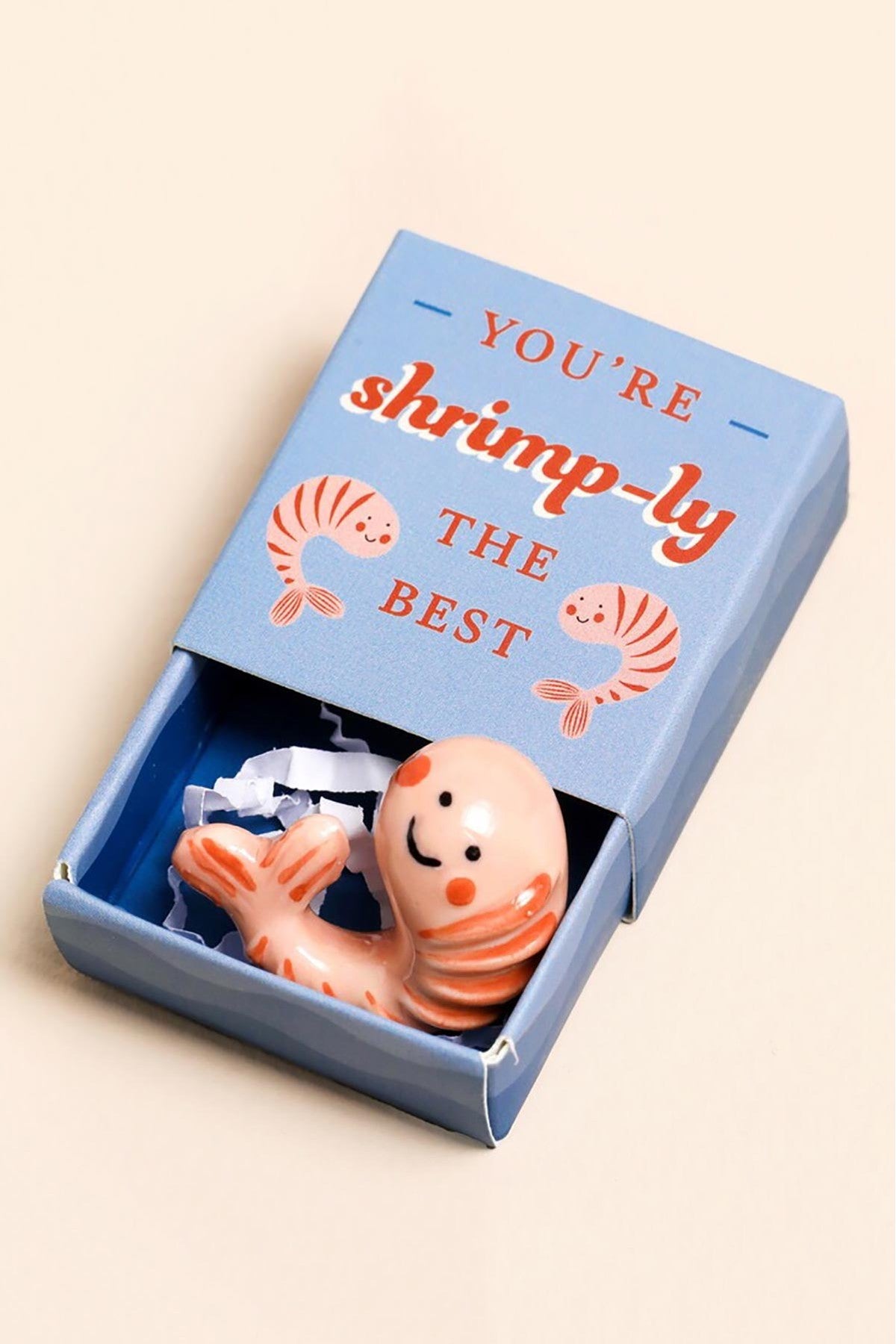 Tiny hand-painted ceramic shrimp token in blue matchbox keepsake gift — Urban Wild